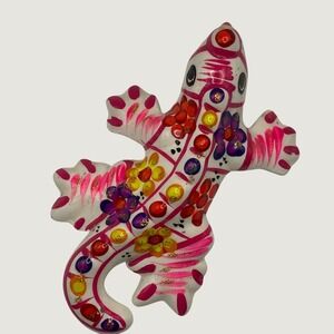 Ceramic Lizard Figurine 6in Hand Painted White Pink Floral Mexican Folk Art